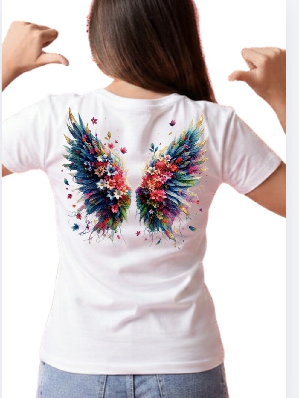 Luxury White Neon Angel Wings Graphic Tee Back Design Size L